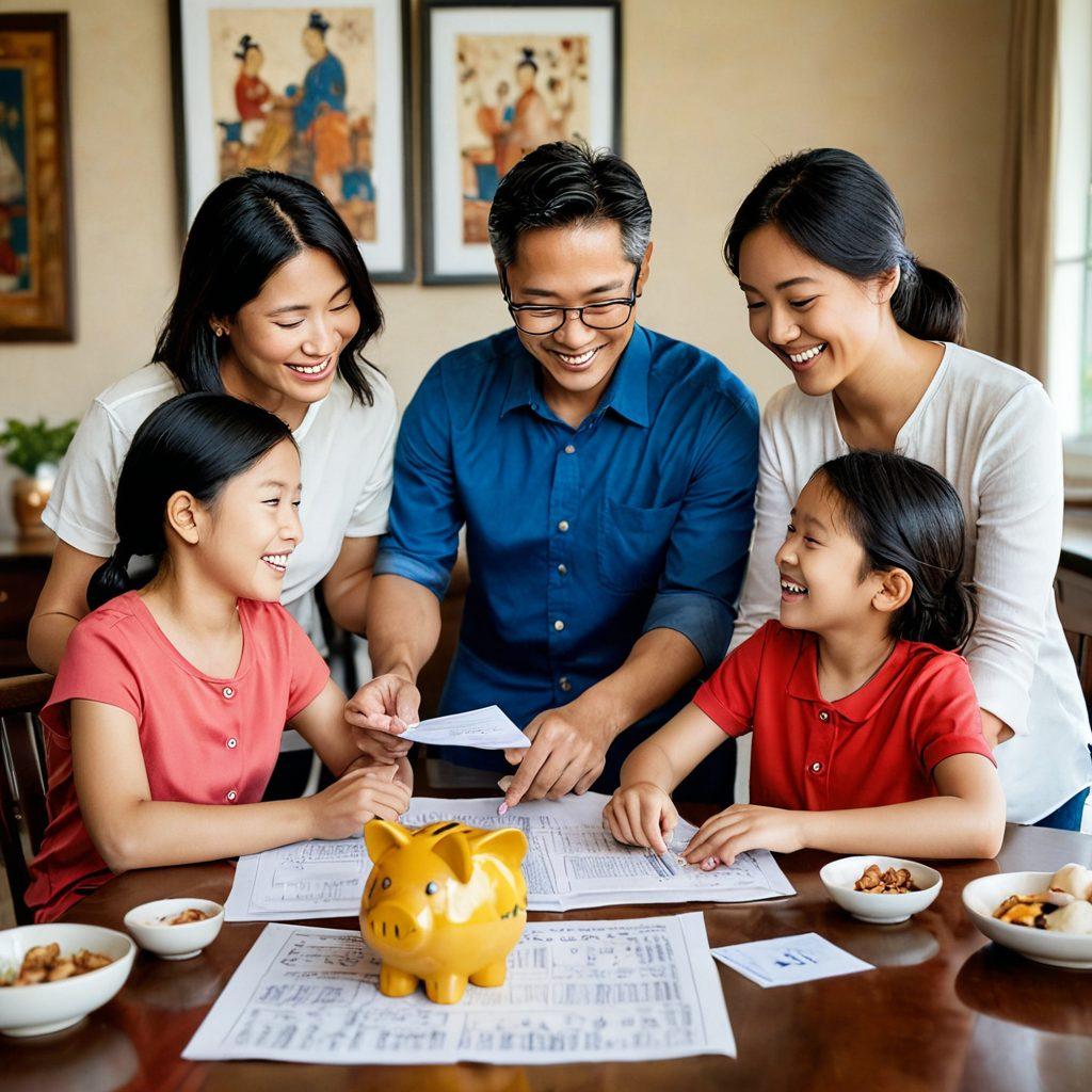 A warm, inviting scene showing a diverse Asian family sharing a meal, with elements of emotional support like laughter and hand-holding, alongside symbols of financial security like documents, a piggy bank, and a calculator on a nearby table. The background features cultural decorations that represent different Asian heritages, creating a sense of community and unity. soft lighting, vibrant colors, super-realistic.