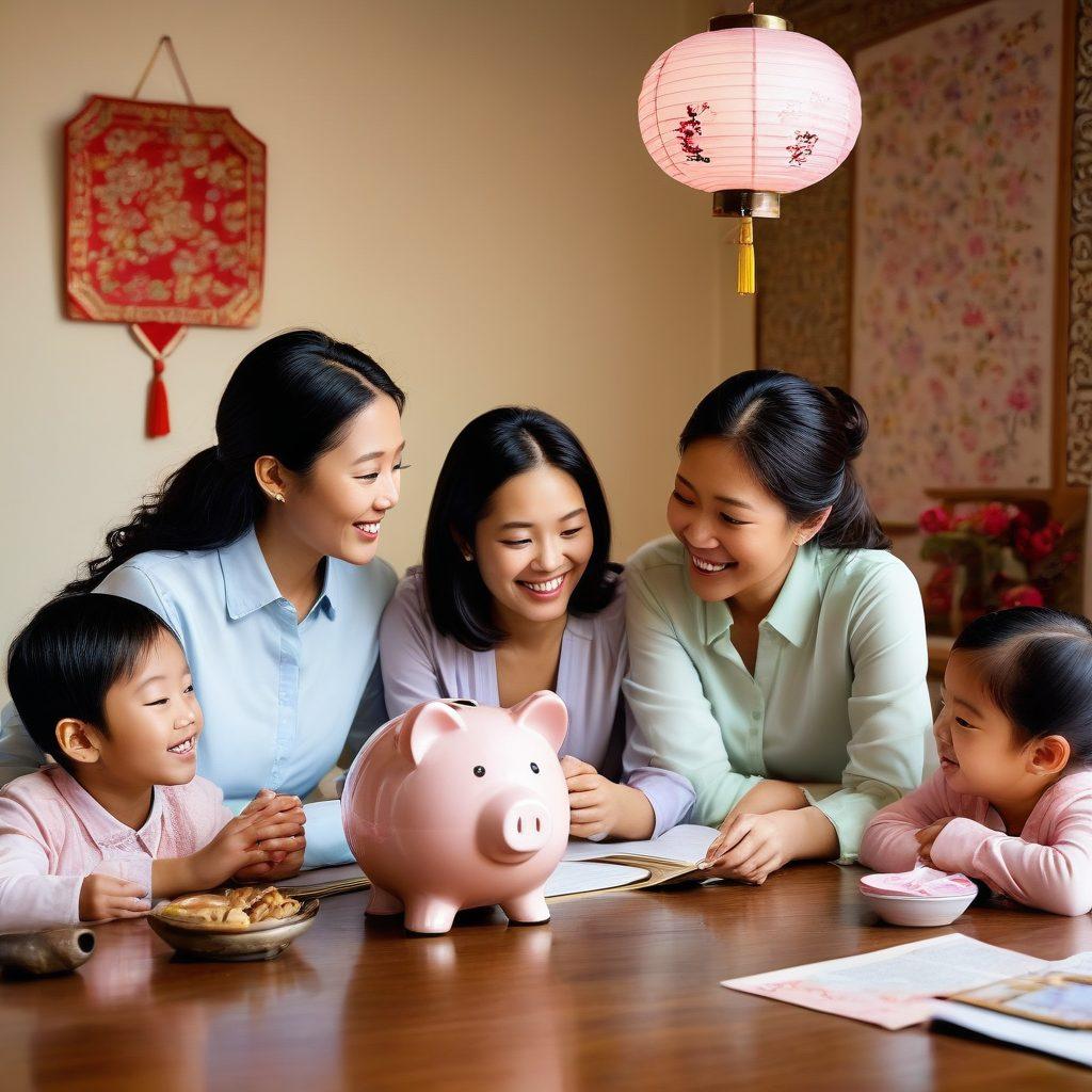 A warm, inviting scene depicting a diverse Asian family gathered around a table discussing financial protection documents, with love and support reflected in their expressions. Include elements representing both insurance (like policy papers or a piggy bank) and relationships (like family photos or hearts). The background should feature traditional Asian decor mixed with modern touches, symbolizing harmony between culture and contemporary life. soft colors, cozy atmosphere, 3D.